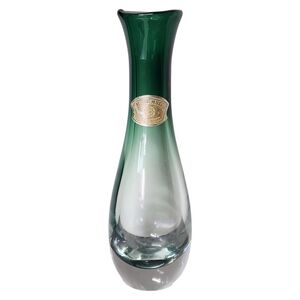 SIGNED Val St Lambert Crystal EMERALD GREEM GRADIENT OMBRE Original Sticker 9.5"